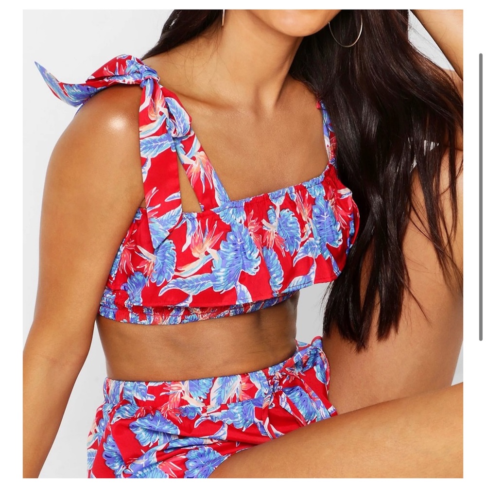 Leaf Print Ruffle Shirred Beach Two-Piece